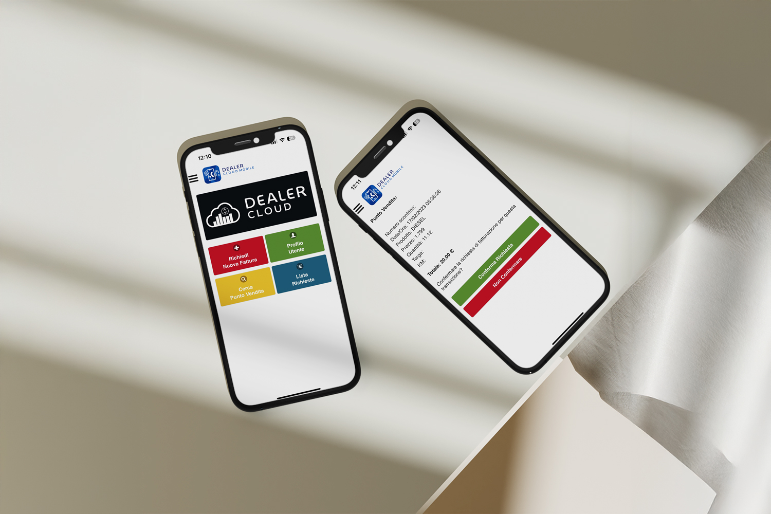 App Dealer Cloud su smartphone con schermata menu e dettaglio richiesta rifornimento