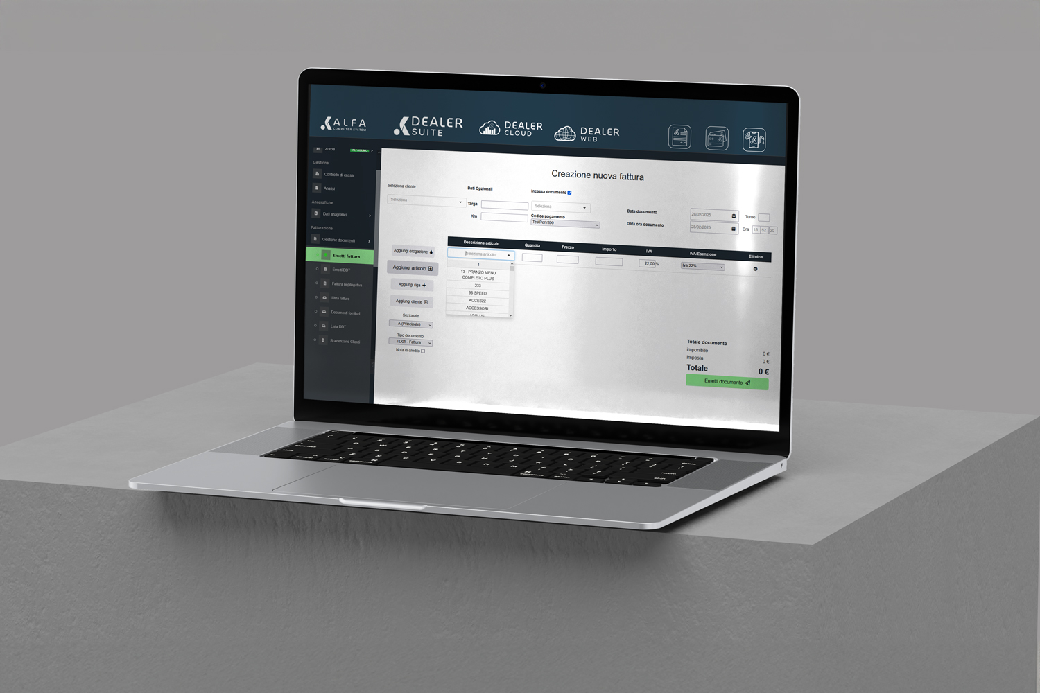 Fatturazione elettronica su Dealer Cloud con schermata per la creazione di una nuova fattura visibile su laptop